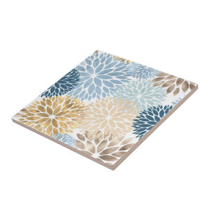 Modern Blue Gold Dahlia Floral Tile