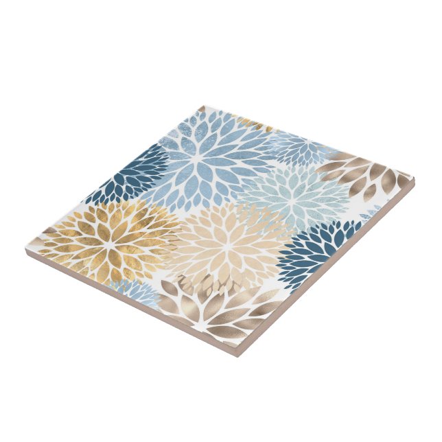 Modern Blue Gold Dahlia Floral Tile (Side)