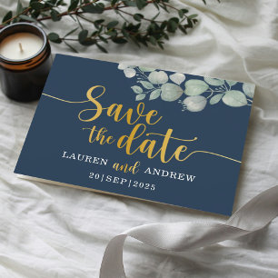 Modern Blue & Gold Eucalyptus Save the Date Postcard