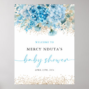 Modern Blue Gold Floral Baby Shower Welcome Sign