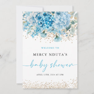 Modern Blue Gold Floral Baby Shower Welcome Sign Invitation