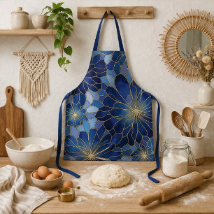 Modern Blue Gold Floral Pattern Apron
