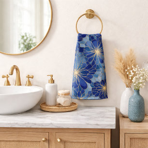 Modern Blue Gold Floral Pattern Bath Towel Set