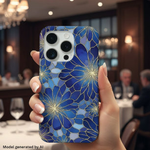 Modern Blue Gold Floral Pattern iPhone 15 Pro Case
