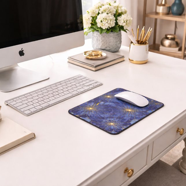 Modern Blue Gold Floral Pattern Mouse Mat (Creator Uploaded)