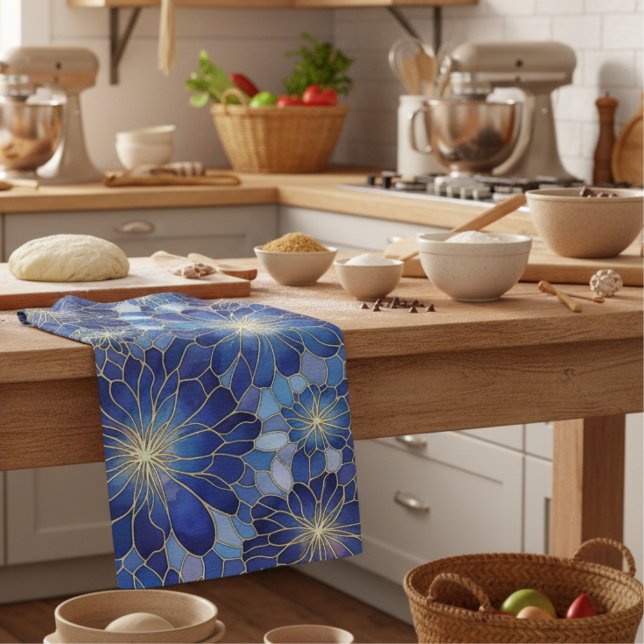 Modern Blue Gold Floral Pattern Tea Towel (Creator Uploaded)