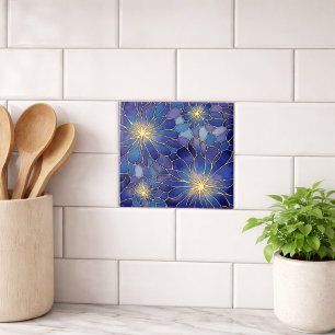 Modern Blue Gold Floral Pattern Tile