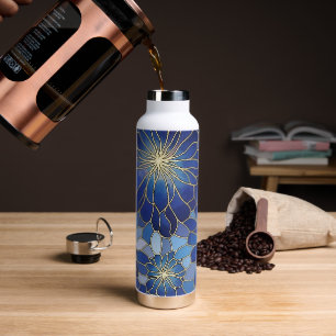 Modern Blue Gold Floral Pattern Water Bottle