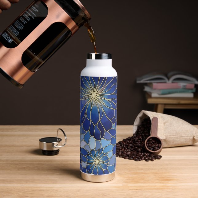 Modern Blue Gold Floral Pattern Water Bottle (Coffee (Rotated))