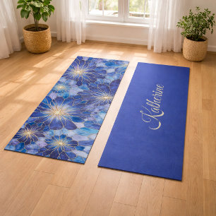 Modern Blue Gold Floral Pattern Yoga Mat