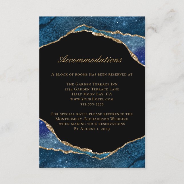 Modern Blue Gold Foil Agate Wedding Accommodations Enclosure Card (Front)