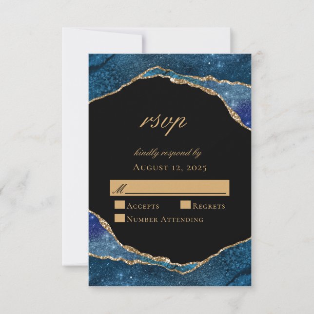 Modern Blue Gold Foil Agate Wedding RSVP Card (Front)