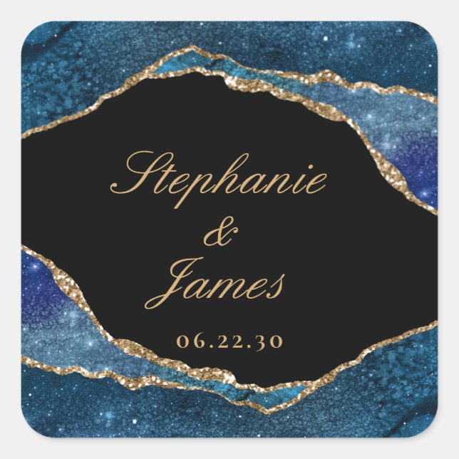 Modern Blue Gold Foil Agate Wedding Square Sticker (Front)