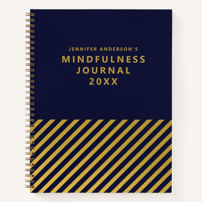 Modern Blue Gold Foil Stripes Mindfulness Journal (Front)