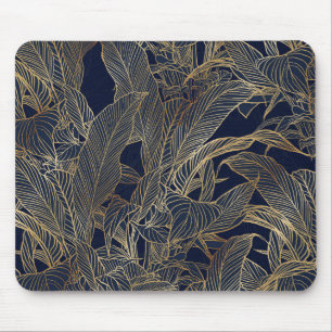 Modern Blue Gold Foliage Plant Botanical Design Mouse Mat