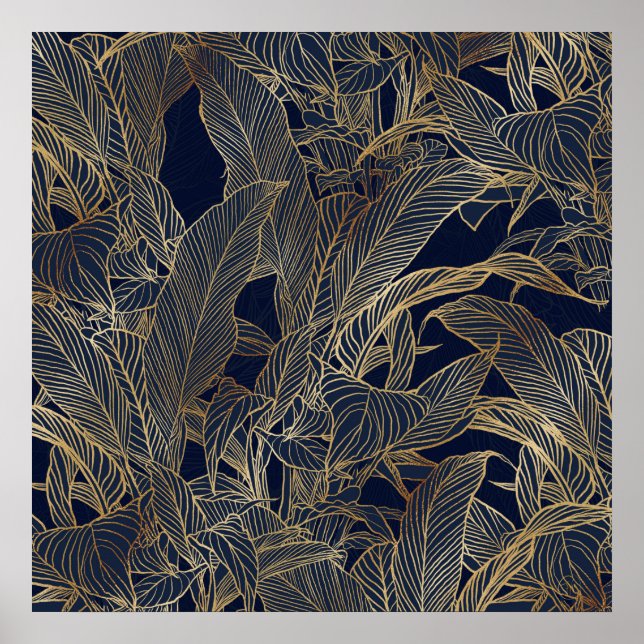 Modern Blue Gold Foliage Plant Botanical Design Poster (Front)