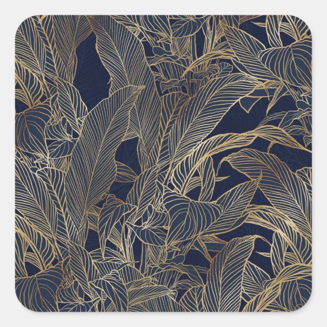 Modern Blue Gold Foliage Plant Botanical Design Square Sticker (Front)