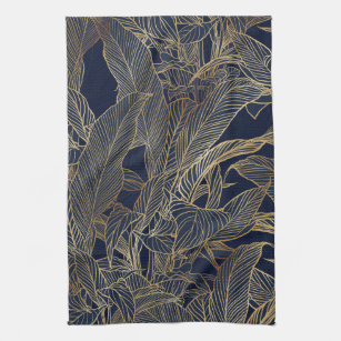 Modern Blue Gold Foliage Plant Botanical Design Tea Towel