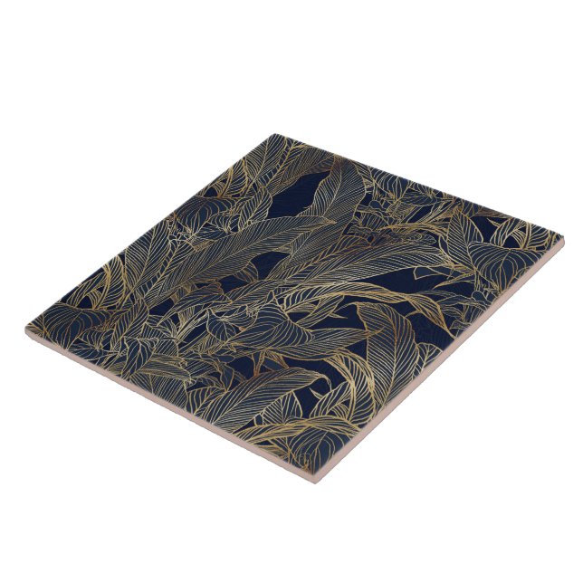 Modern Blue Gold Foliage Plant Botanical Design Tile (Side)