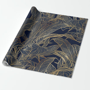 Modern Blue Gold Foliage Plant Botanical Design Wrapping Paper