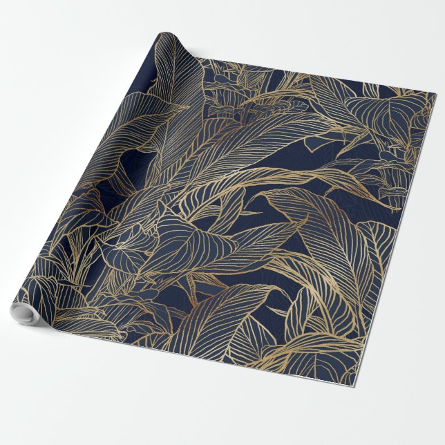 Modern Blue Gold Foliage Plant Botanical Design Wrapping Paper (Unrolled)