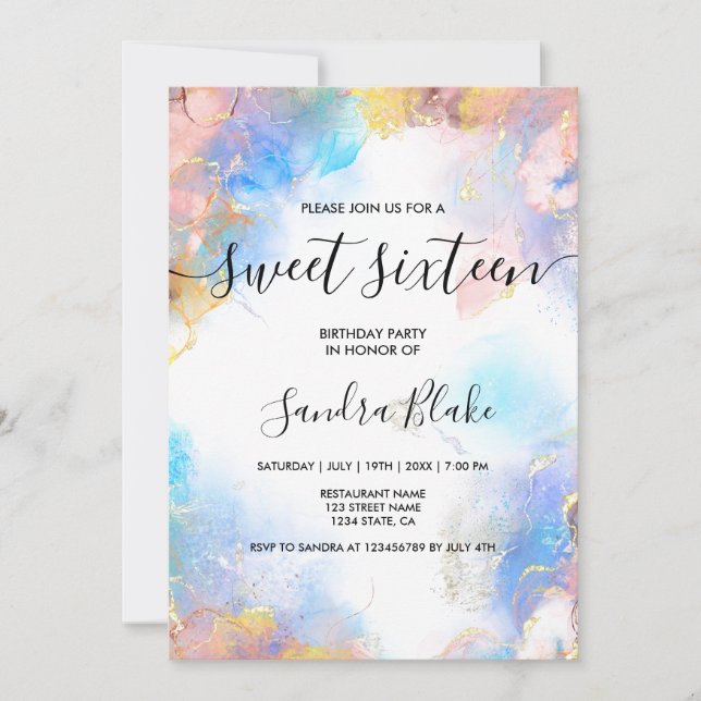 Modern Blue Gold Girly Trendy Sweet 16 Invitation (Front)