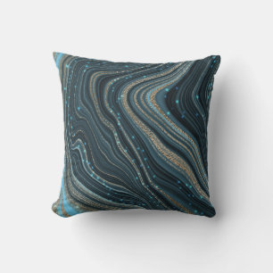 Modern Blue Gold Glitter Agate Watercolor  Cushion