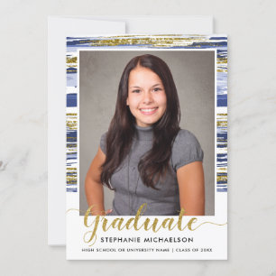 Modern Blue Gold Glitter Brush Stroke Graduation Announcement