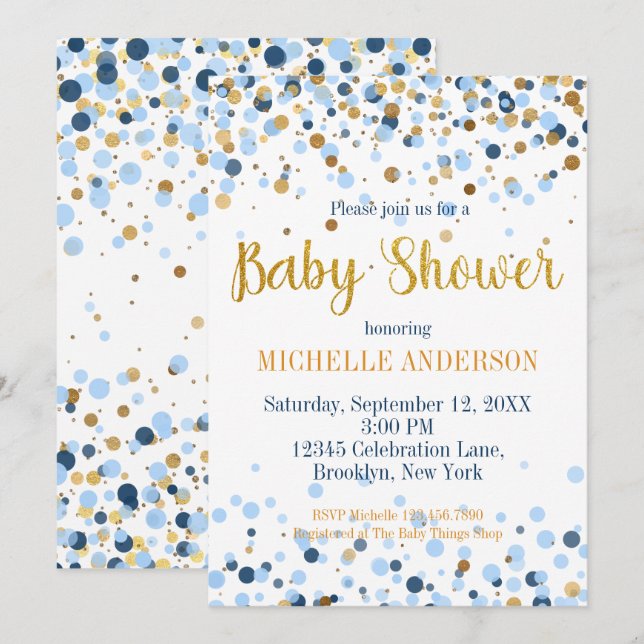Modern Blue Gold Glitter Confetti Baby Shower Invitation (Front/Back)