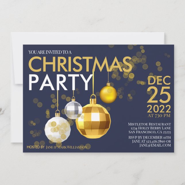 Modern Blue Gold glitter ornament Christmas Party  Invitation (Front)