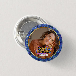 Modern Blue & Gold Glitter Photo 16th Birthday 3 Cm Round Badge