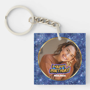 Modern Blue & Gold Glitter Photo 16th Birthday Key Ring