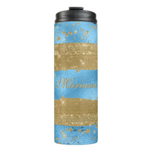Modern Blue Gold Glitter Script Name Thermal Tumbler