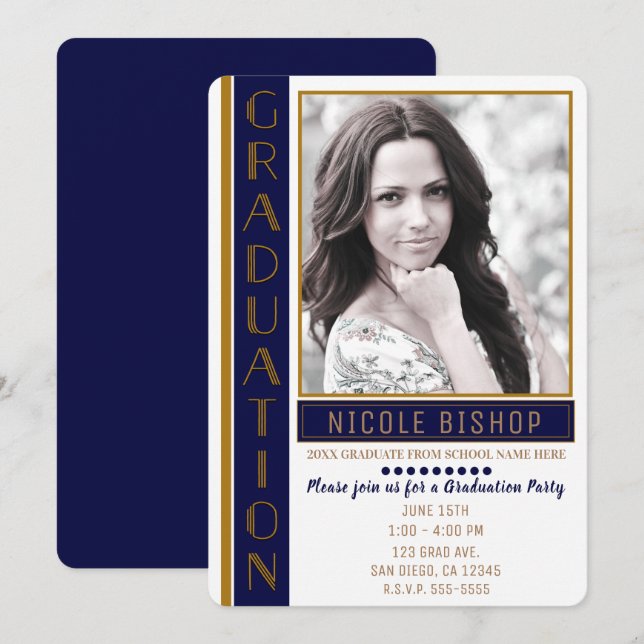 Modern Blue Gold Graduation Party Graduate Photo Invitation (Front/Back)