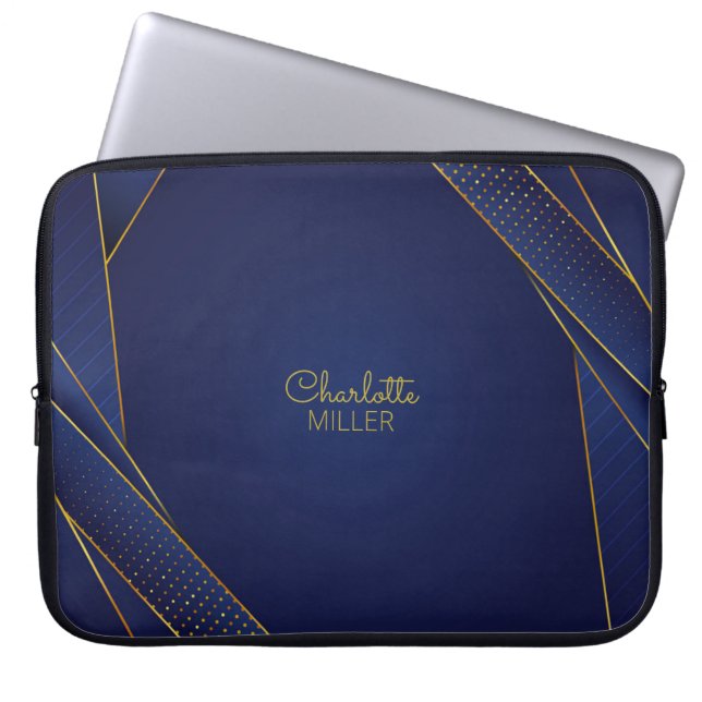 Modern Blue-Gold Halftone Pattern and Custom Name Laptop Sleeve (Front)