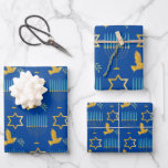 Modern Blue & Gold Hanukkah Dove Menorah Star Navy Wrapping Paper Sheet<br><div class="desc">A modern bright and colourful Hanukkah gift wrapping paper featuring flying doves,  menorahs and star of Davids.</div>