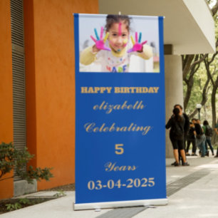 Modern blue gold Happy Birthday Photo Party Retractable Banner