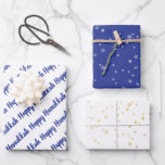 Modern Blue & Gold Happy Hanukkah Stars Wrapping Paper Sheet<br><div class="desc">Stylish and festive, this gift wrap set is the perfect way to wrap all your presents for friends and family this holiday season. The set features 3 different designs: 1. blue calligraphy "Happy Hanukkah, " 2. gold hand-drawn stars on a white background, and 3. blue stars on a blue background....</div>