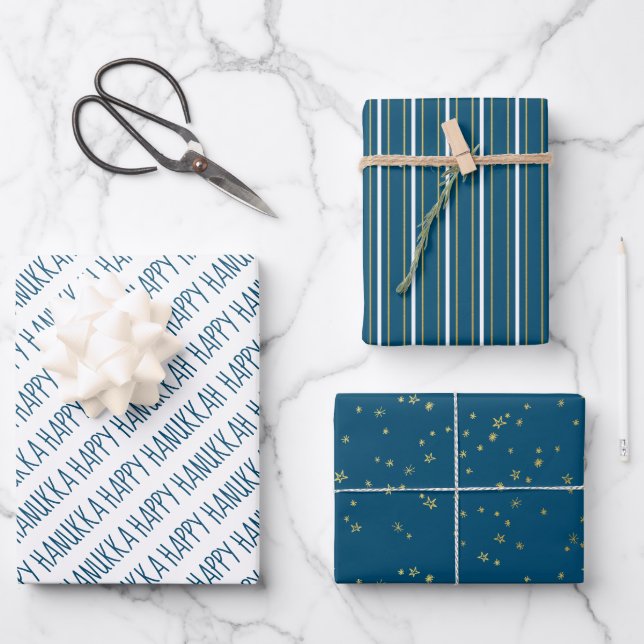 Modern Blue & Gold Happy Hanukkah Stars Wrapping Paper Sheet (Front)