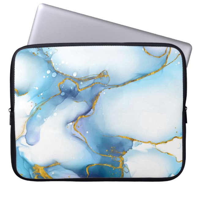 Modern Blue-Gold Marble Background Laptop Sleeve (Front)