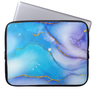 Modern Blue-Gold Marble Background Laptop Sleeve