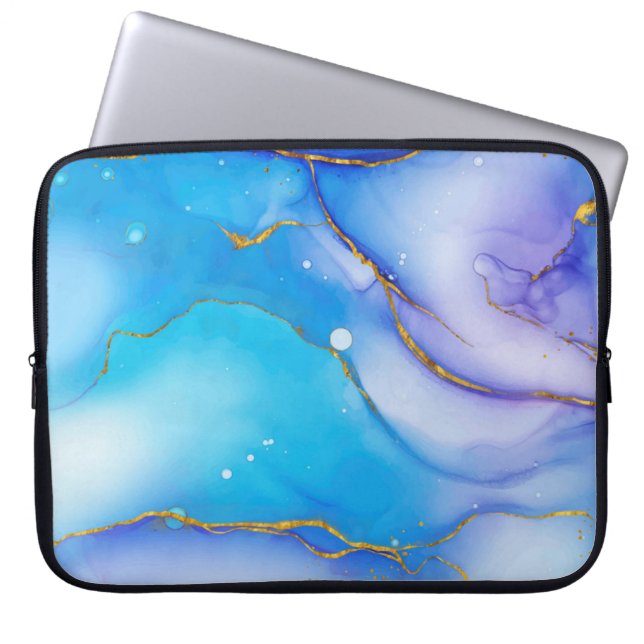 Modern Blue-Gold Marble Background Laptop Sleeve (Front)