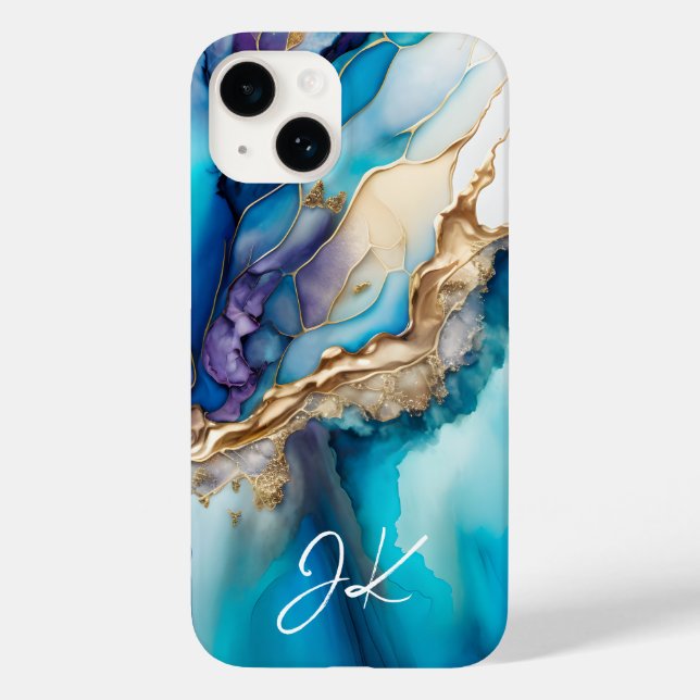 Modern Blue Gold Marble Monogram Personalised Case-Mate iPhone Case (Back)