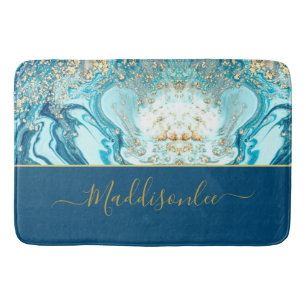 Modern Blue Gold Marble Ocean Watercolor  Name Bath Mat