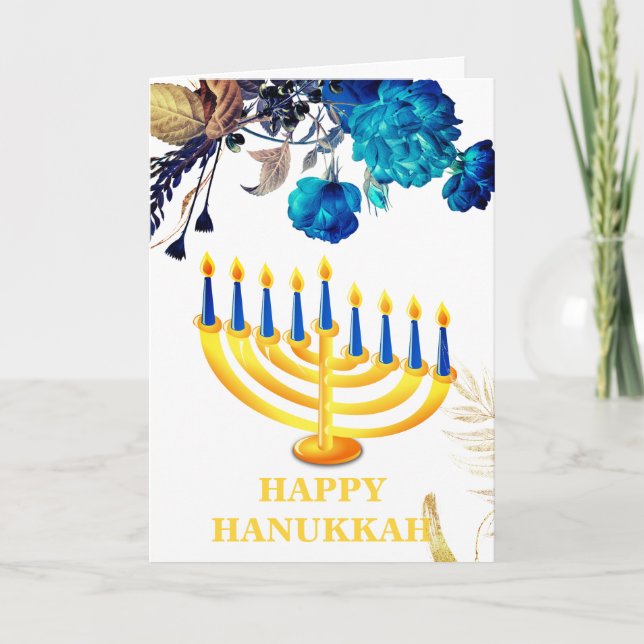 Modern Blue  & Gold Menorah Happy  Hanukkah   Holi Holiday Card (Front)