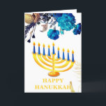 Modern Blue  & Gold Menorah Happy  Hanukkah   Holi Holiday Card<br><div class="desc">Modern Blue & Gold Menorah Happy Hanukkah Holiday Card features  white  background blue & gold roses & Hanukkah candles.The inside of the card has a personal message template.Please click on personalise button to customise it with your own text.</div>