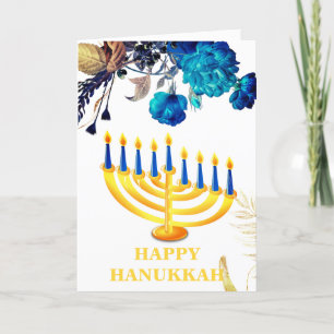 Modern Blue  & Gold Menorah Happy  Hanukkah   Holi Holiday Card