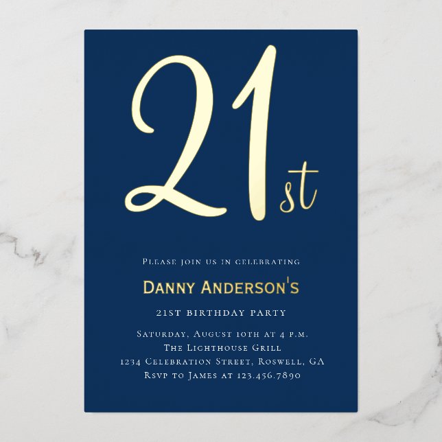 Modern blue gold minimal stylish 21st birthday  (Front)