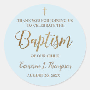 Modern Blue Gold Name Baby boy Baptism Classic Round Sticker