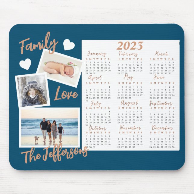 Modern Blue & Gold New Year Calendar Photos Mouse Mat (Front)